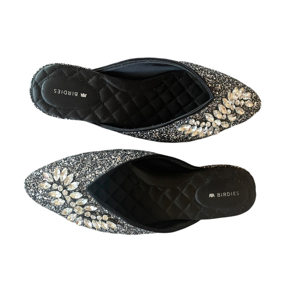 BIRDIES The Swan Women's Size 7 Jeweled Gunmetal Elegant Glittery Slip-On Mules - Picture 8 of 10
